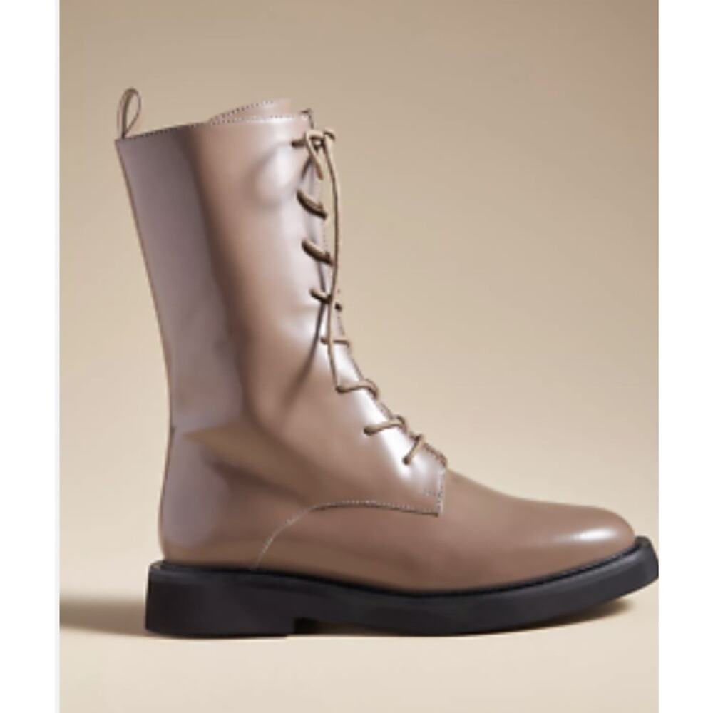 Anthropologie Pilcro Boots Stompy Genuine Patent Leather Lace Up Taupe 38 Combat - Picture 1 of 6